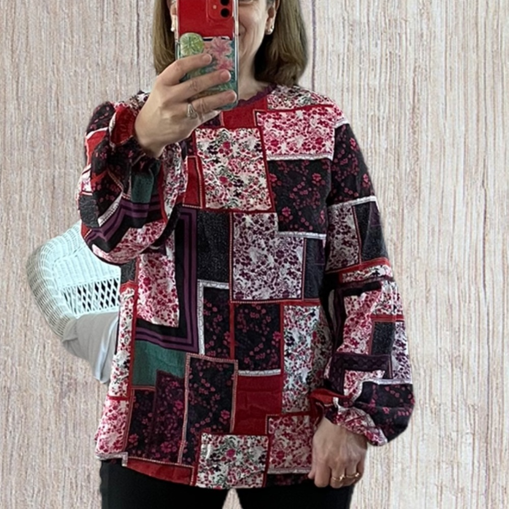 Rose Cottagecore Floral Print Patchwork Tunic Top - Picture 9 of 12